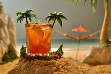 Tropical Escape - Jamaican Rum Punch with Miniature Beach Scene, Hammock, and Palm Trees for Relaxation and Joyful Vibes