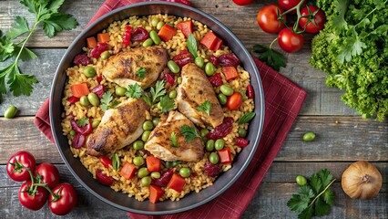 Delicious chicken veggie rice dish in sauce, ideal for a healthy dinner concept, tasty, chicken meat, carrots, peas