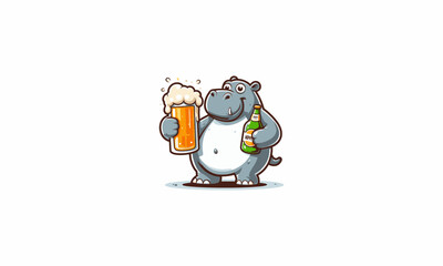 character cartoon hippo hold cold beer vector flat design