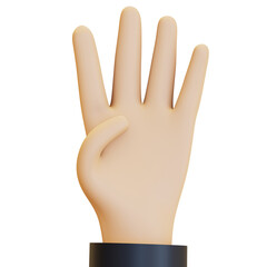 A hand making a number four gesture, with all fingers except the thumb extended. 3D render illustration in cartoon style. Transparent background, isolation.