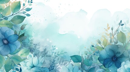 Blue and green watercolour floral arrangement with liquid texture on white backdrop, copy space for text. 