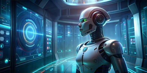 Futuristic Robot in High-Tech Control Room