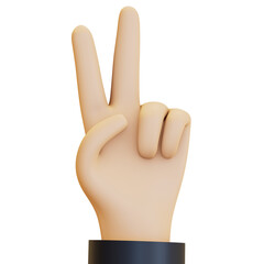 A hand making a number two gesture, with the index and middle fingers extended. 3D render illustration in cartoon style. Transparent background, isolation.