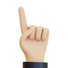 A hand making a number one gesture, with the index finger pointing upwards. 3D render illustration in cartoon style. Transparent background, isolation.
