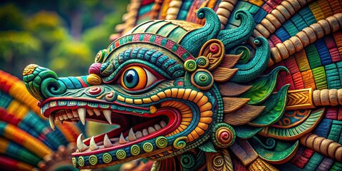 Fototapeta premium Mesoamerican deity feathered serpent depicted in vibrant colors and intricate designs, ancient, deity