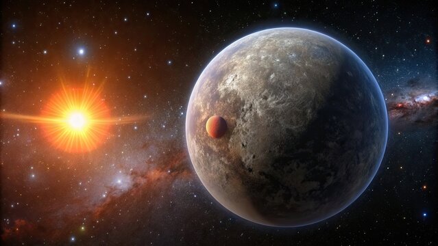 Exoplanet Proxima Centauri b with binary stars Alpha Centauri in the background, exoplanet, Proxima Centauri
