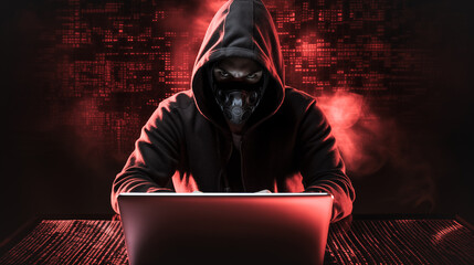 Mysterious Hooded Hacker with Mask Working on Laptop in Dark Room with Red Digital Background