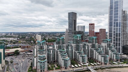 Riverside apartments St George Wharf, Vauxhall, Lambeth, London, UK drone,aerial .. © Air Video UK 