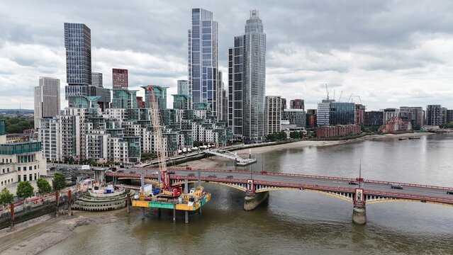 .Vauxhall Bridge London UK drone,aerial , floating work platform