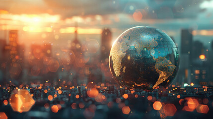 City Skyline with Digital Globe in Foreground