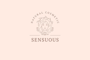 Gentle botanical woman portrait outline logo design template vector illustration