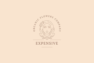 Beautiful botanical woman face luxury retro line logo design template vector illustration