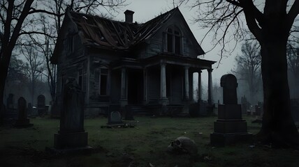 Obraz premium A dark and deserted landscape. Realistic Halloween landscape. Abandoned house. Generative AI.