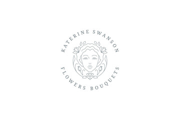 Flower woman portrait blossom plant circle line logo design template for beauty vector illustration