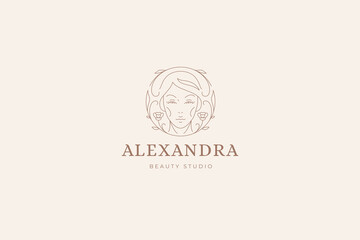 Woman beauty face with elegant flower circle outline logo design template vector illustration