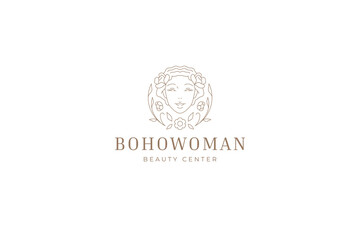Beautiful woman boho flower face outline logo design template vector illustration
