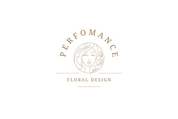 Beautiful botanical female face with flower outline logo design template vector illustration