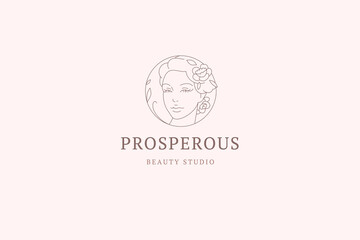 Obraz premium Botanical female face with floral hairstyle circle outline logo design template vector illustration