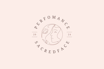 Botanical woman face with flower circle outline logo design template for cosmetics brand vector