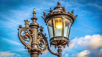 Vintage pole street light with intricate metal detailing and ornate glass lamp shade , vintage,...