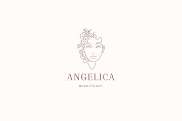 Blossom floral woman portrait continuous line logo design template vector illustration