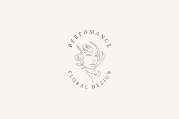 Floral female face continuous line logo design template for beauty salon vector illustration