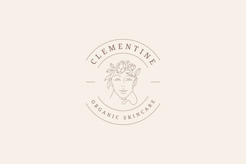 Fototapeta premium Beauty botanical female portrait continuous line circle logo design template vector illustration