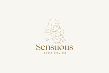 Mother embrace little baby daughter with love continuous line logo design template vector