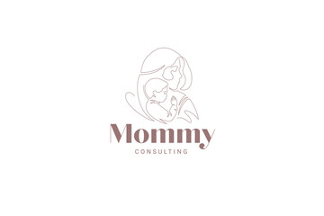 Mother and little son portrait continuous line logo design template vector illustration