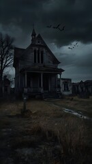 Fototapeta premium A dark and deserted landscape. Realistic Halloween landscape. Abandoned house. Generative AI.