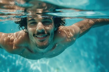 Naklejka premium Young positive man swimming underwater in pool