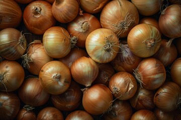A pile of fresh brown onions. Close-up view showing the detailed texture and natural colors. Perfect for cooking blogs, culinary articles, or food stock photos. Generative AI