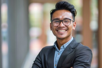 Fototapeta premium The Smiling Face of Success, Tech Savvy and Confident, Young Business Leader