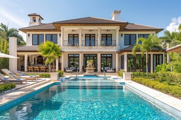 Luxurious South Seas Beachfront House with Gable Roof and Columns Featuring Infinity Pool and Outdoor Furniture, Capturing Tropical Vibes with Light Blue Tile Accents and Lush Landscaping