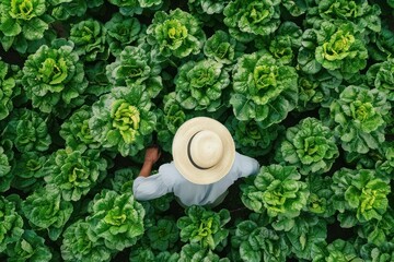 top view A man wearing a straw hat stands in a field of green lettuce