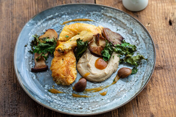 Roast chicken, chestnut puree, mushrooms and crispy kale