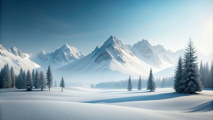 Minimalist winter wonderland mountain landscape, snow, mountains, minimalist, serene, tranquil, cold
