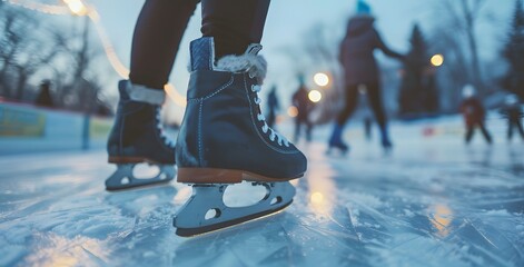 Fototapeta premium People skating on an ice rink in winter, the focus is on the shoes and figure skaters feet