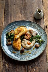 Roast chicken, chestnut puree, mushrooms and crispy kale