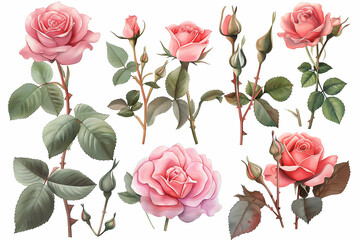 Set of watercolor roses. collection garden pink flowers, leaves, branches, Botanic isolated on white background. --ar 3:2