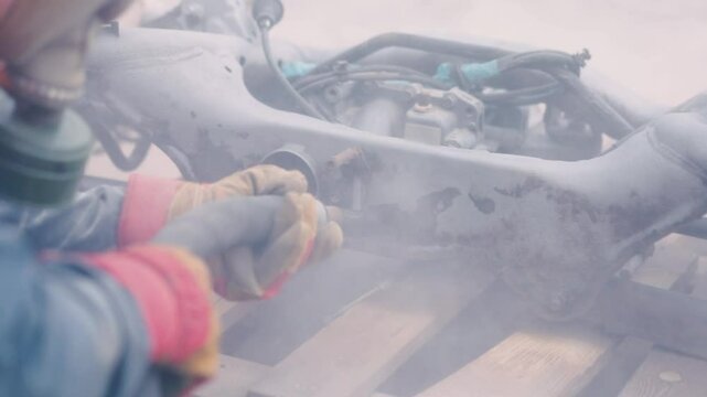 cleaning and removing rust from metal elements of a car using a sandblasting machine