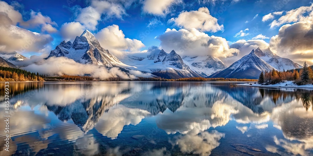 Wall mural A stunning photograph of clear mountain peaks covered in snow with fluffy clouds reflecting in a tranquil lake