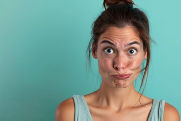 Fototapeta premium Uncomfortable and Uncertain, woman with an Awkward Expression Making a Goofy Face Isolated color background