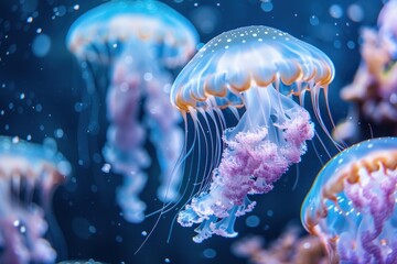 Obraz premium Vibrant Jellyfish Close-Up black water with bubbles