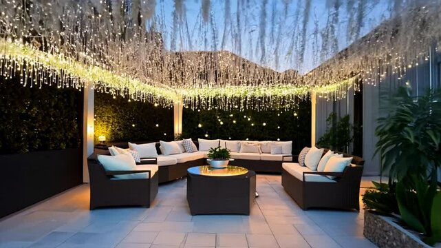 Lounge and Dining Area at Modern Residential Backyard Decorated with Outdoor Lights, Plants, Garden Table and Chairs.