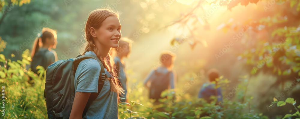 Wall mural Happy girl with backpack standing on the nature. Family leisure, vacation and recreation concept.