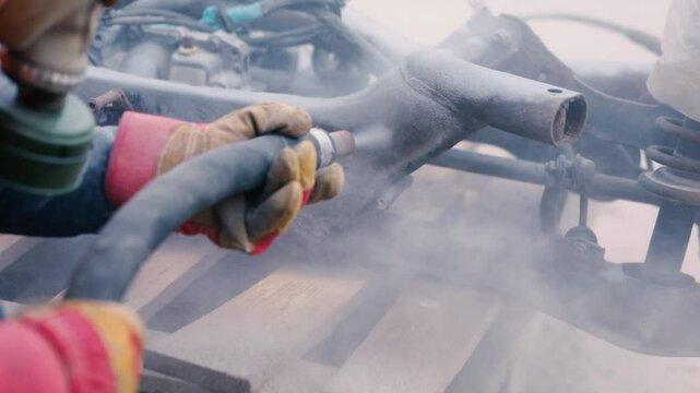 cleaning and removing rust from metal elements of a car using a sandblasting machine