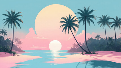 A colorful sunset over a tropical beach with palm trees swaying in the breeze