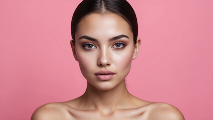 A woman with her hair pulled back stares directly at the camera. Her shoulders are bare, and she is posed against a pink background