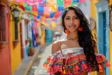 Vibrant Street Scene with Woman in Traditional Colorful Attire